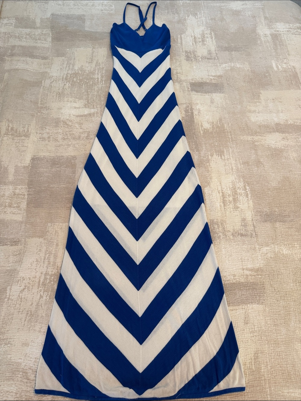 bebe Blue and White Chevron Strappy Maxi Dress